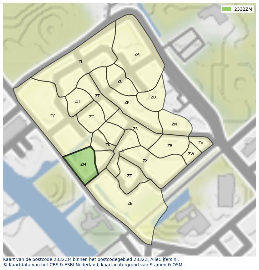 Afbeelding van het postcodegebied 2332 ZM op de kaart.