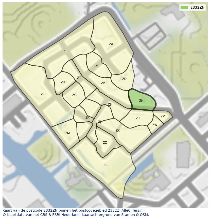 Afbeelding van het postcodegebied 2332 ZN op de kaart.