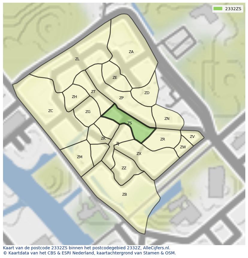 Afbeelding van het postcodegebied 2332 ZS op de kaart.