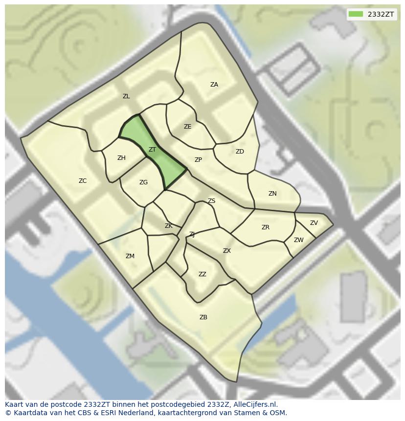 Afbeelding van het postcodegebied 2332 ZT op de kaart.