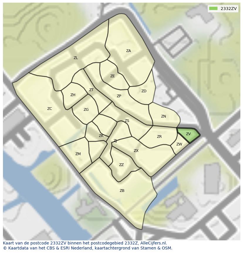 Afbeelding van het postcodegebied 2332 ZV op de kaart.