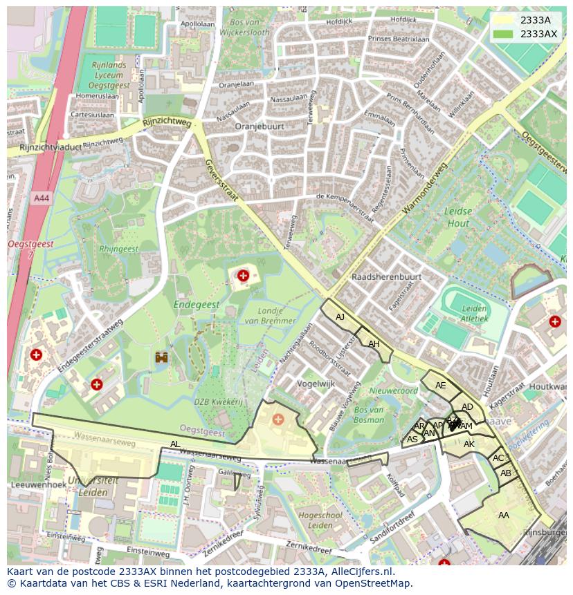 Afbeelding van het postcodegebied 2333 AX op de kaart.