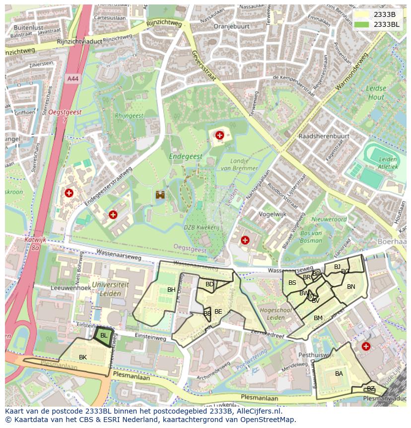 Afbeelding van het postcodegebied 2333 BL op de kaart.