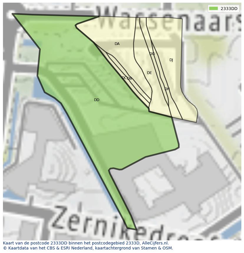 Afbeelding van het postcodegebied 2333 DD op de kaart.