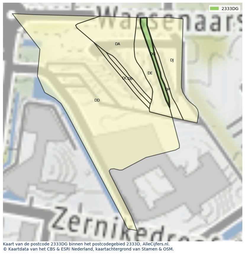 Afbeelding van het postcodegebied 2333 DG op de kaart.