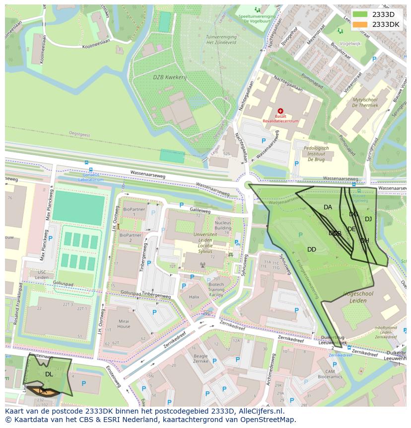 Afbeelding van het postcodegebied 2333 DK op de kaart.