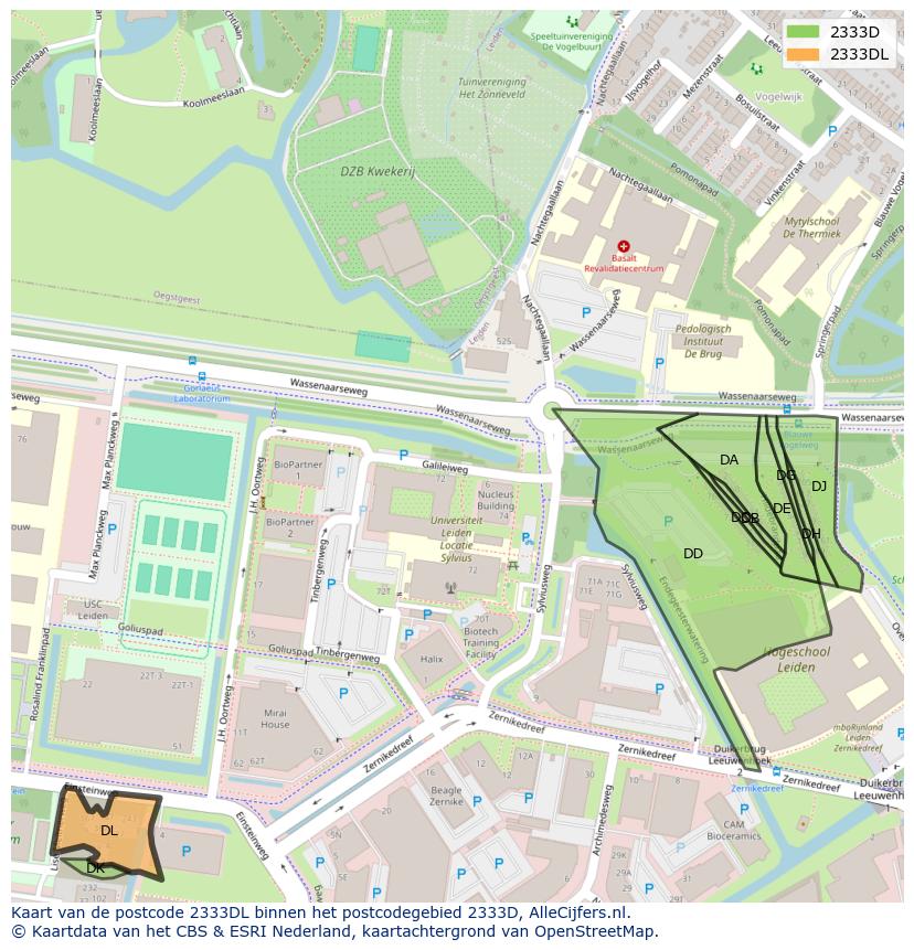 Afbeelding van het postcodegebied 2333 DL op de kaart.