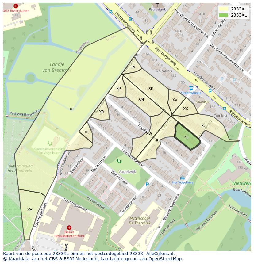 Afbeelding van het postcodegebied 2333 XL op de kaart.