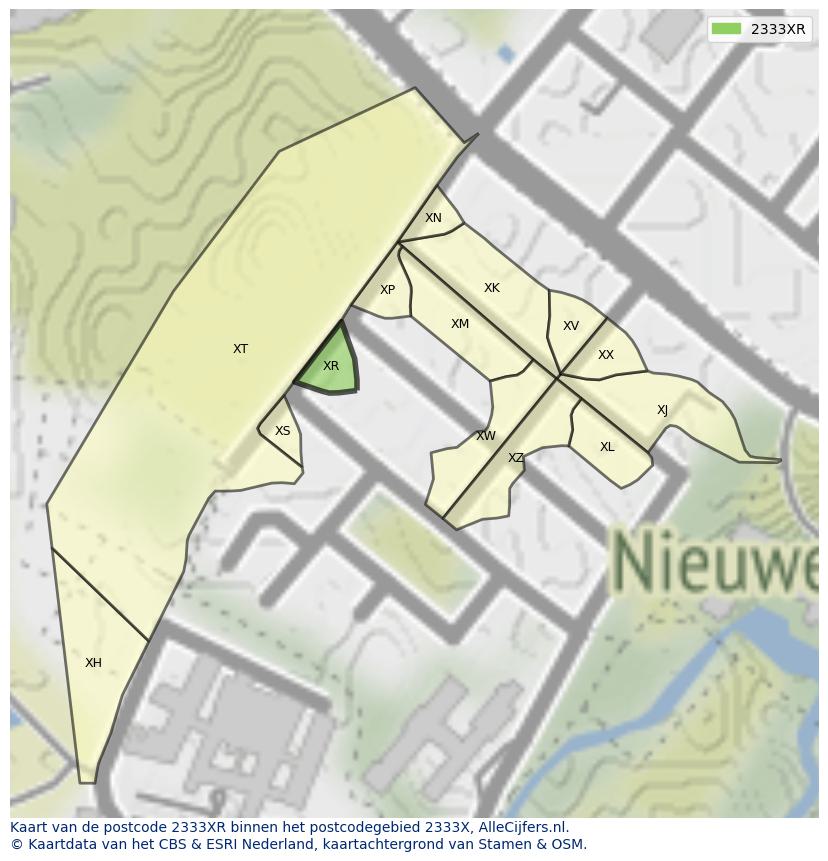 Afbeelding van het postcodegebied 2333 XR op de kaart.