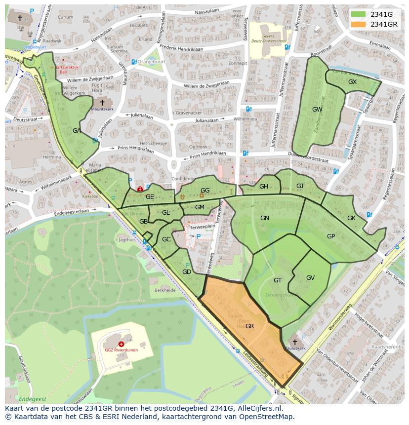 Afbeelding van het postcodegebied 2341 GR op de kaart.