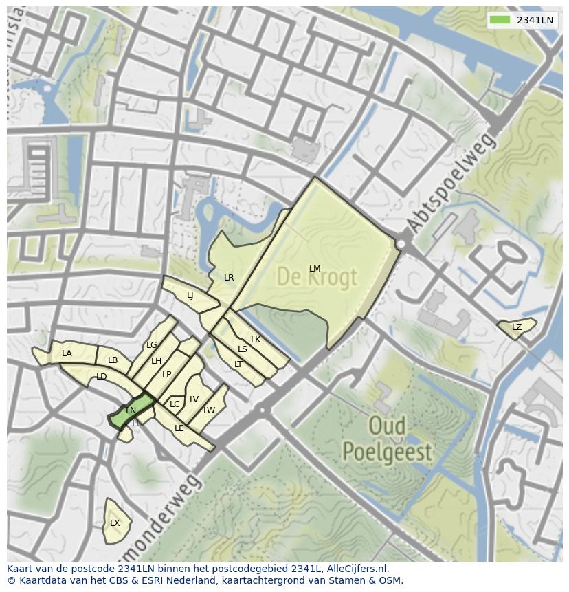 Afbeelding van het postcodegebied 2341 LN op de kaart.