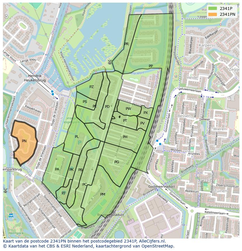 Afbeelding van het postcodegebied 2341 PN op de kaart.