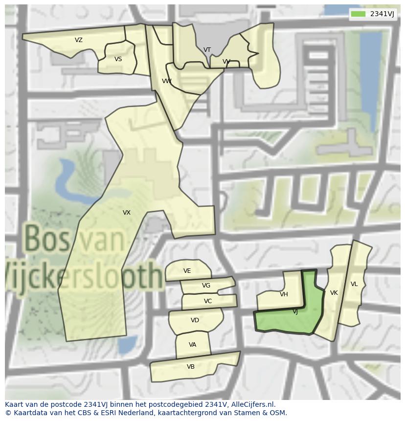 Afbeelding van het postcodegebied 2341 VJ op de kaart.