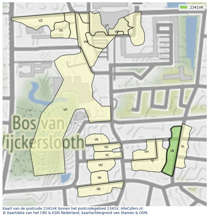 Afbeelding van het postcodegebied 2341 VK op de kaart.