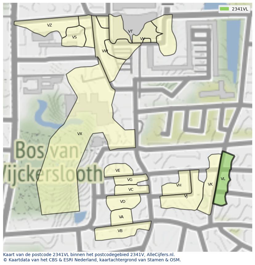 Afbeelding van het postcodegebied 2341 VL op de kaart.
