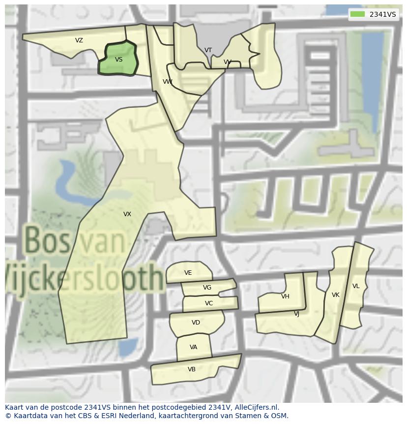 Afbeelding van het postcodegebied 2341 VS op de kaart.