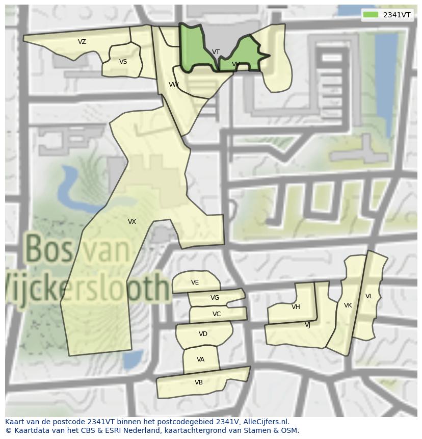 Afbeelding van het postcodegebied 2341 VT op de kaart.