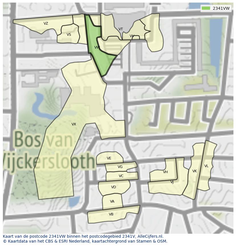 Afbeelding van het postcodegebied 2341 VW op de kaart.