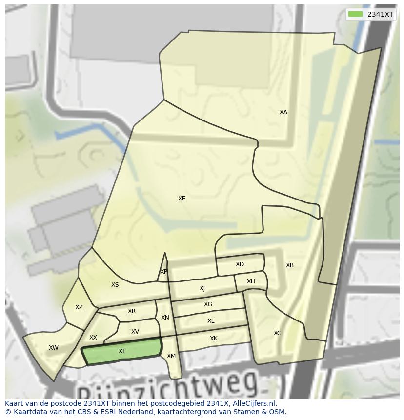 Afbeelding van het postcodegebied 2341 XT op de kaart.