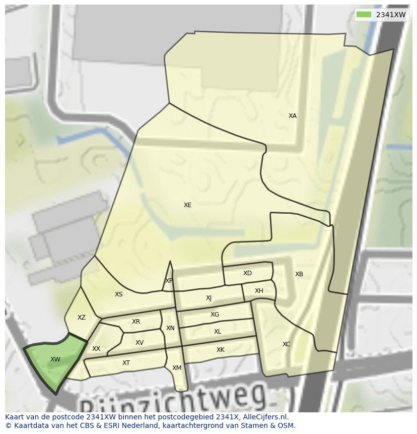 Afbeelding van het postcodegebied 2341 XW op de kaart.