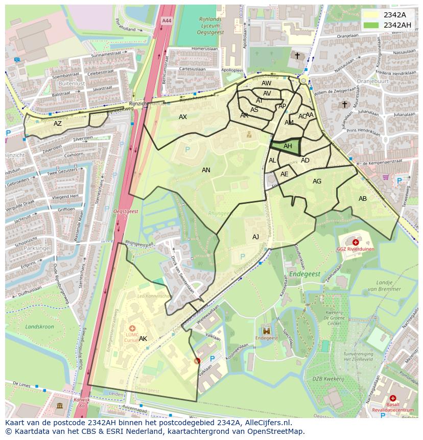 Afbeelding van het postcodegebied 2342 AH op de kaart.