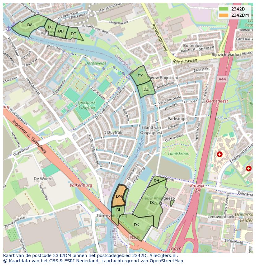 Afbeelding van het postcodegebied 2342 DM op de kaart.