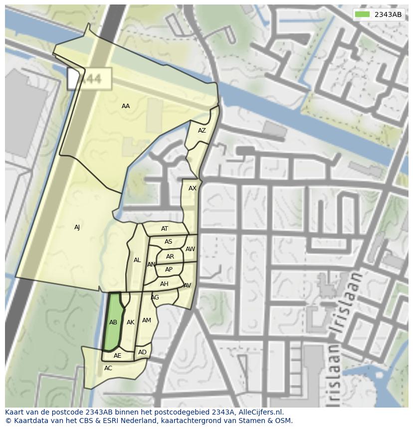 Afbeelding van het postcodegebied 2343 AB op de kaart.