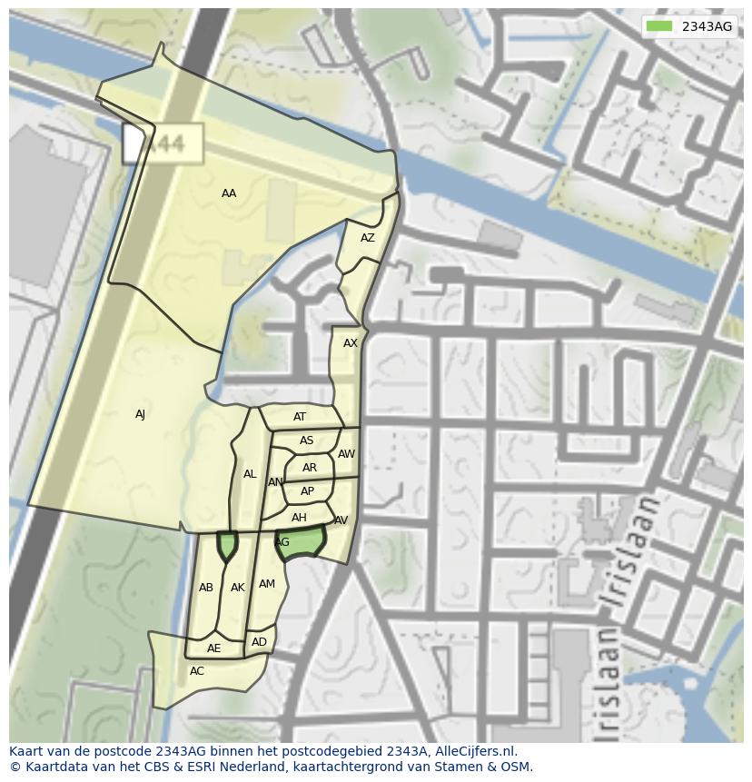 Afbeelding van het postcodegebied 2343 AG op de kaart.