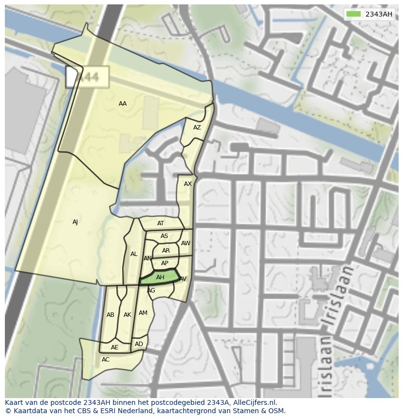 Afbeelding van het postcodegebied 2343 AH op de kaart.