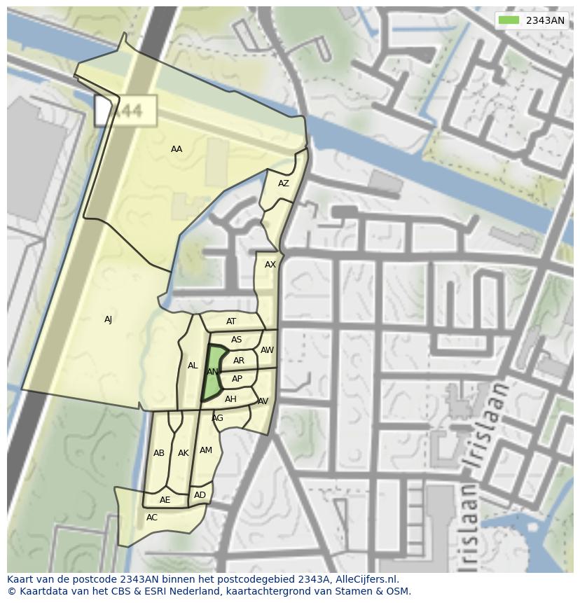 Afbeelding van het postcodegebied 2343 AN op de kaart.