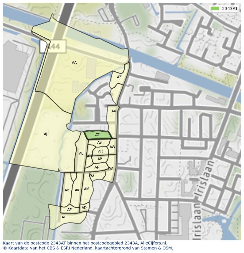 Afbeelding van het postcodegebied 2343 AT op de kaart.