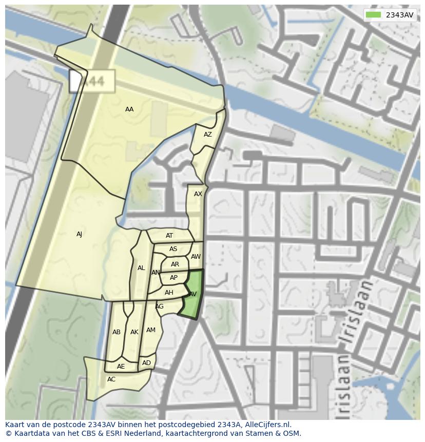 Afbeelding van het postcodegebied 2343 AV op de kaart.