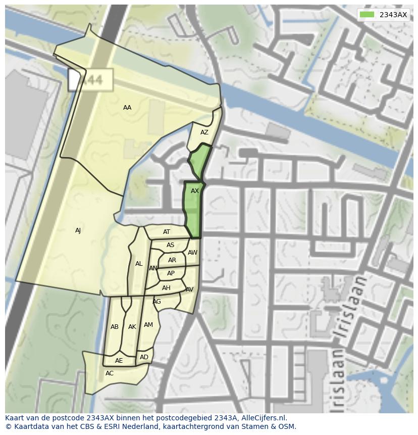 Afbeelding van het postcodegebied 2343 AX op de kaart.