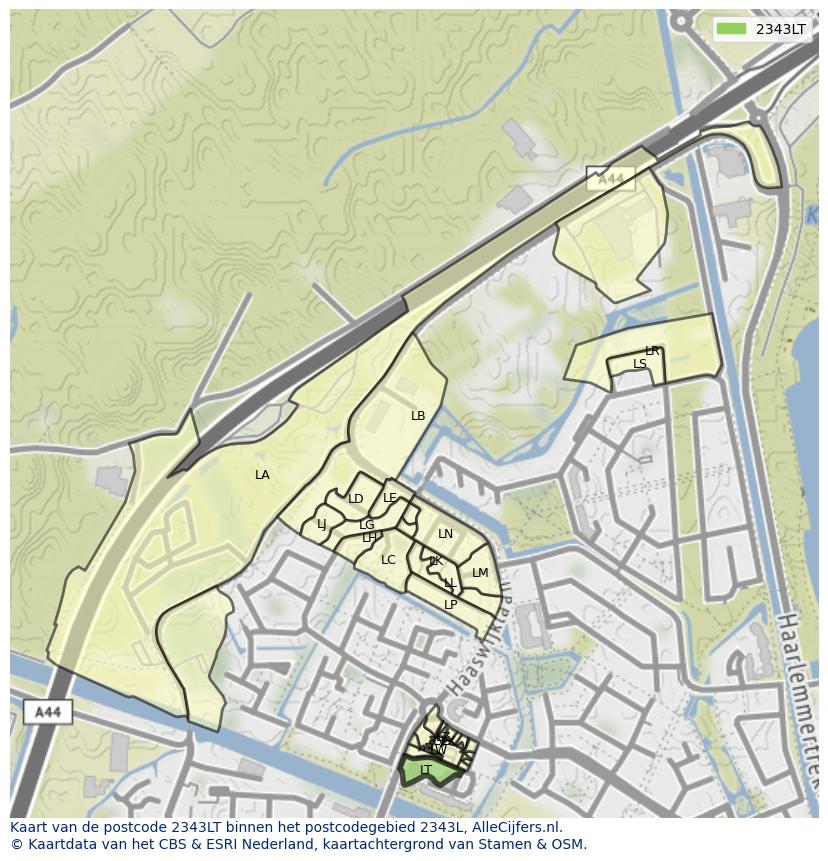 Afbeelding van het postcodegebied 2343 LT op de kaart.