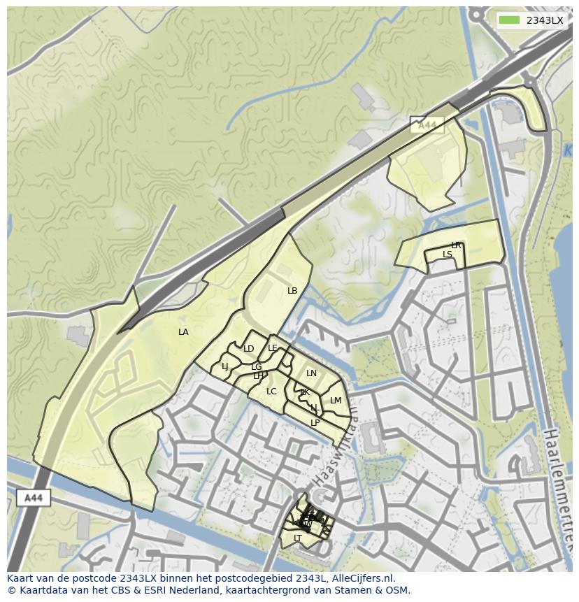 Afbeelding van het postcodegebied 2343 LX op de kaart.