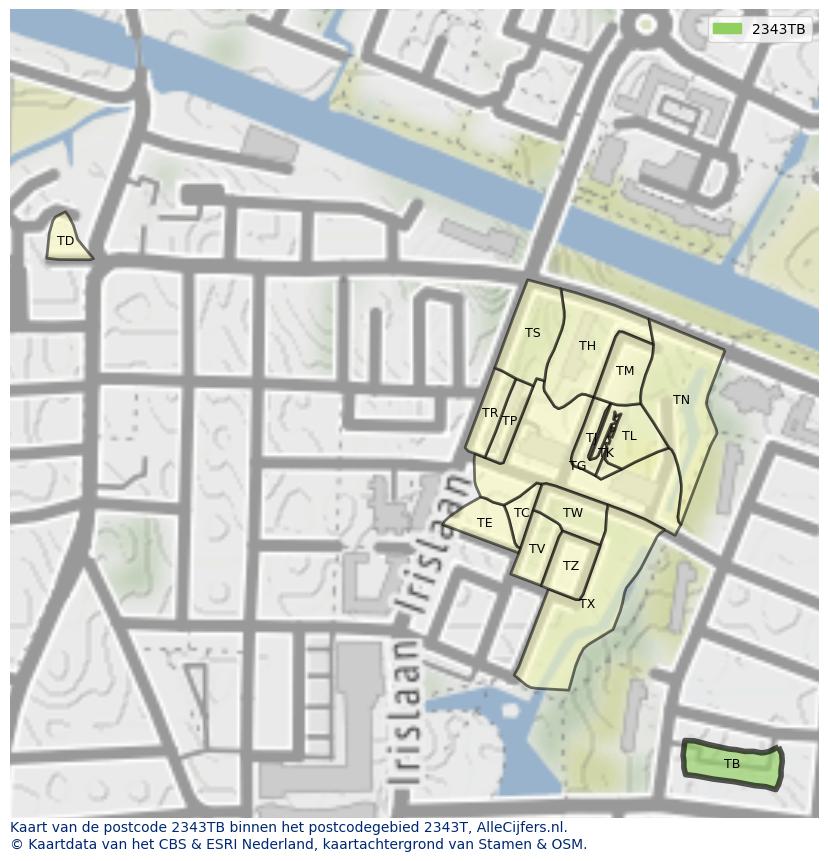 Afbeelding van het postcodegebied 2343 TB op de kaart.