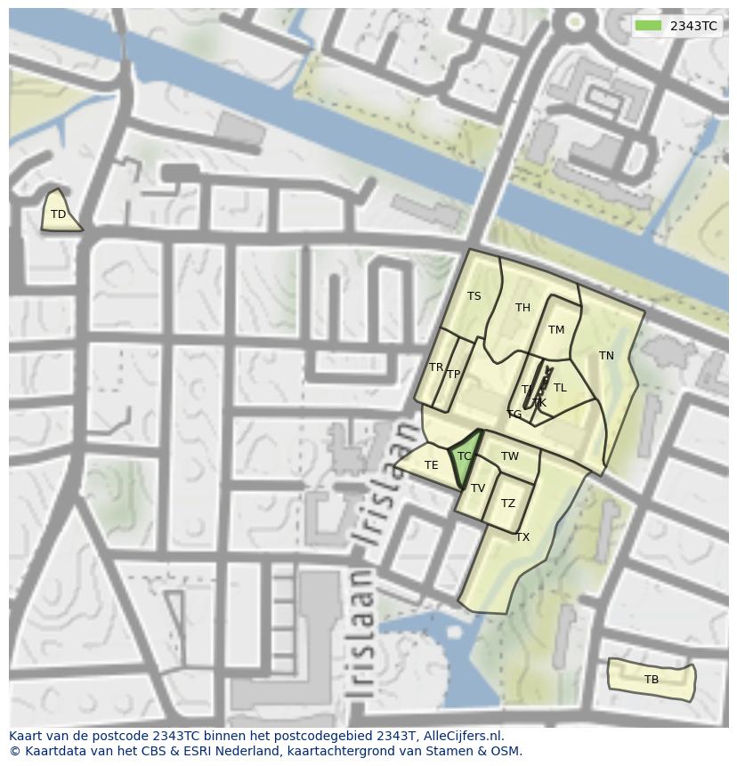 Afbeelding van het postcodegebied 2343 TC op de kaart.