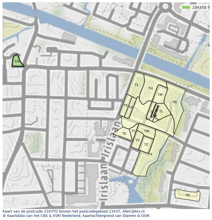 Afbeelding van het postcodegebied 2343 TD op de kaart.
