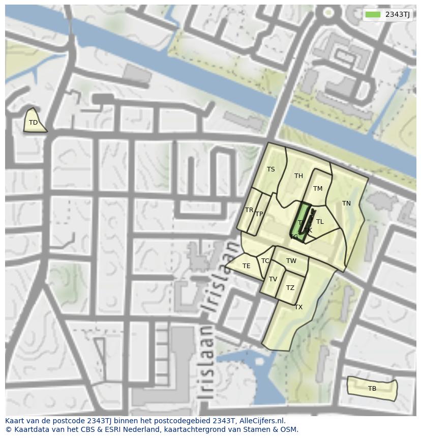 Afbeelding van het postcodegebied 2343 TJ op de kaart.