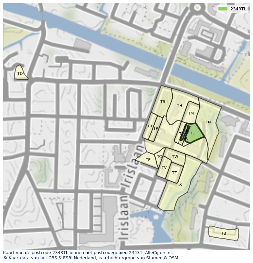 Afbeelding van het postcodegebied 2343 TL op de kaart.