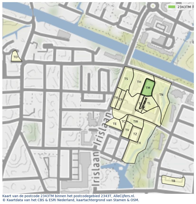 Afbeelding van het postcodegebied 2343 TM op de kaart.