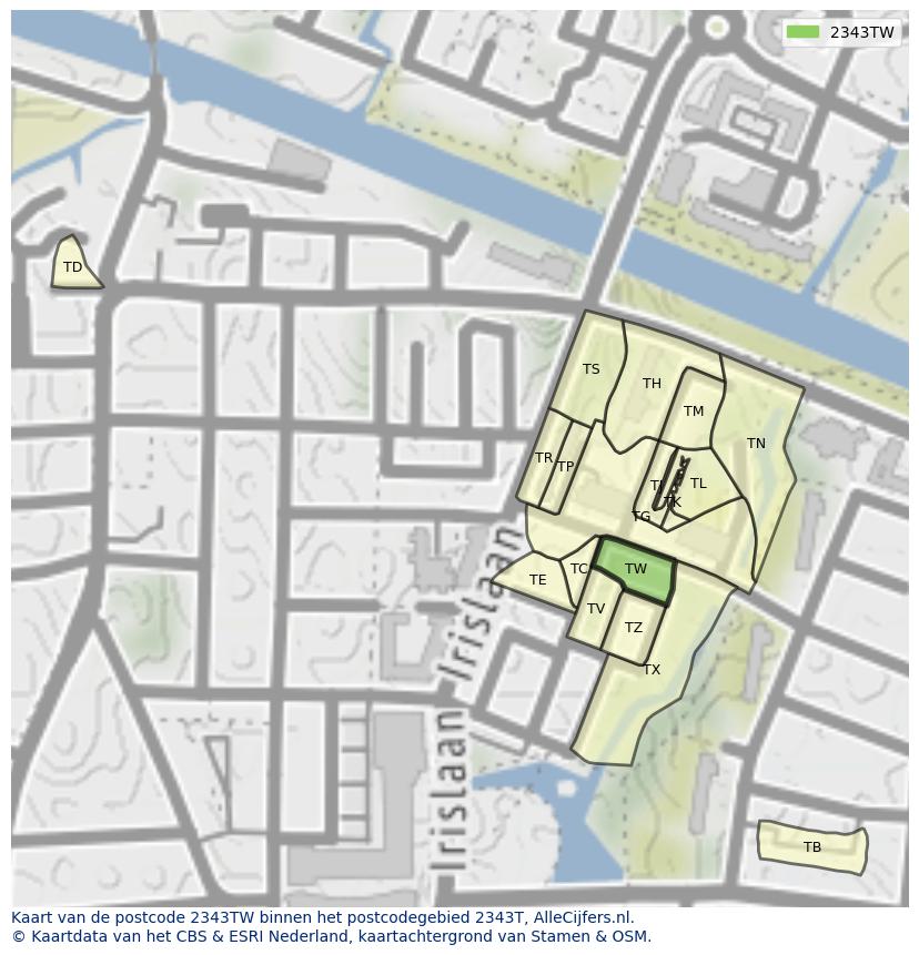 Afbeelding van het postcodegebied 2343 TW op de kaart.