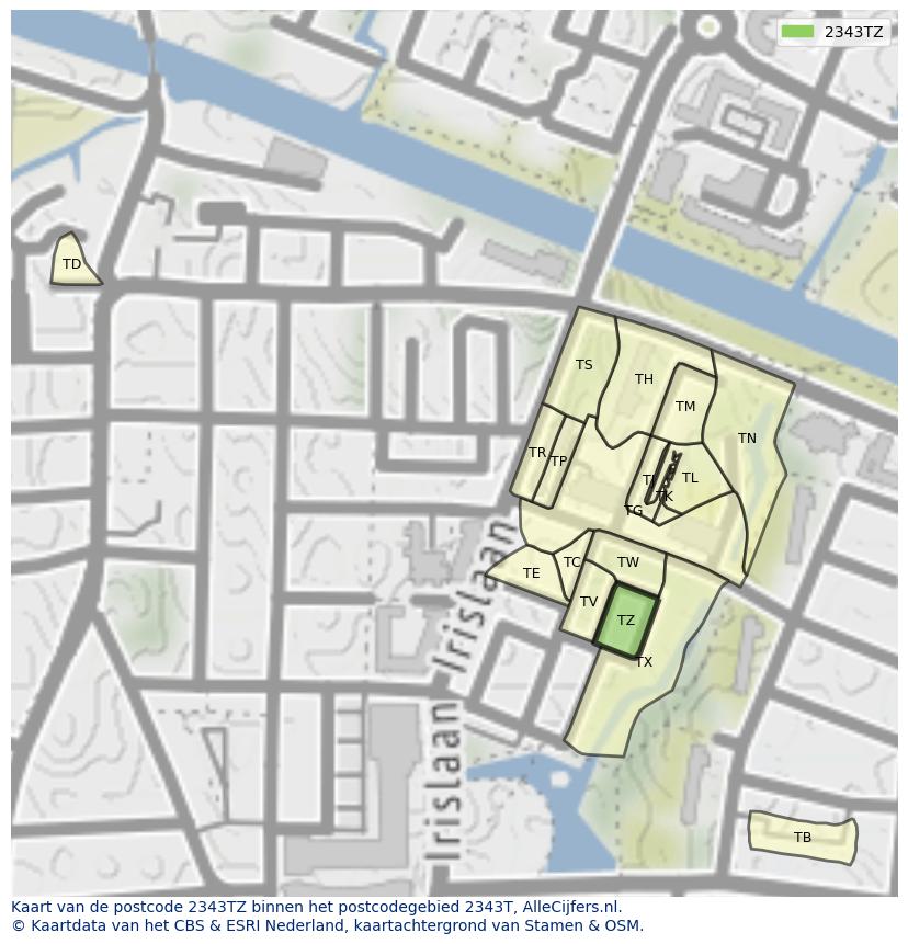 Afbeelding van het postcodegebied 2343 TZ op de kaart.