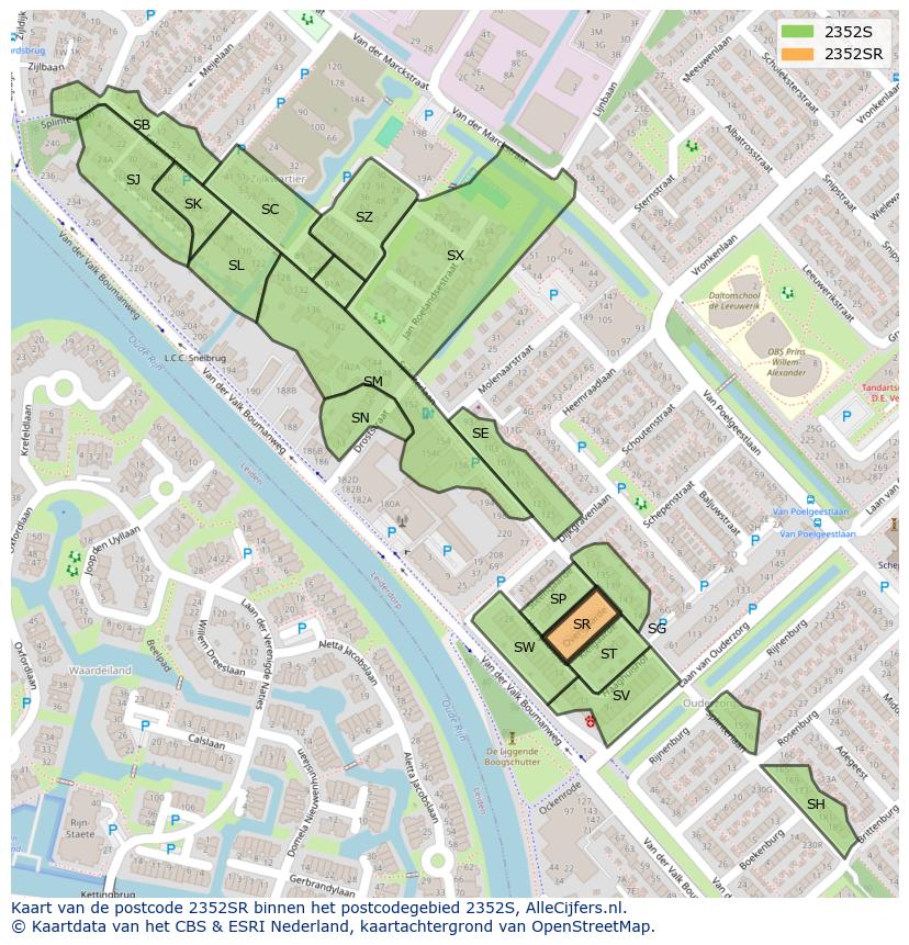 Afbeelding van het postcodegebied 2352 SR op de kaart.