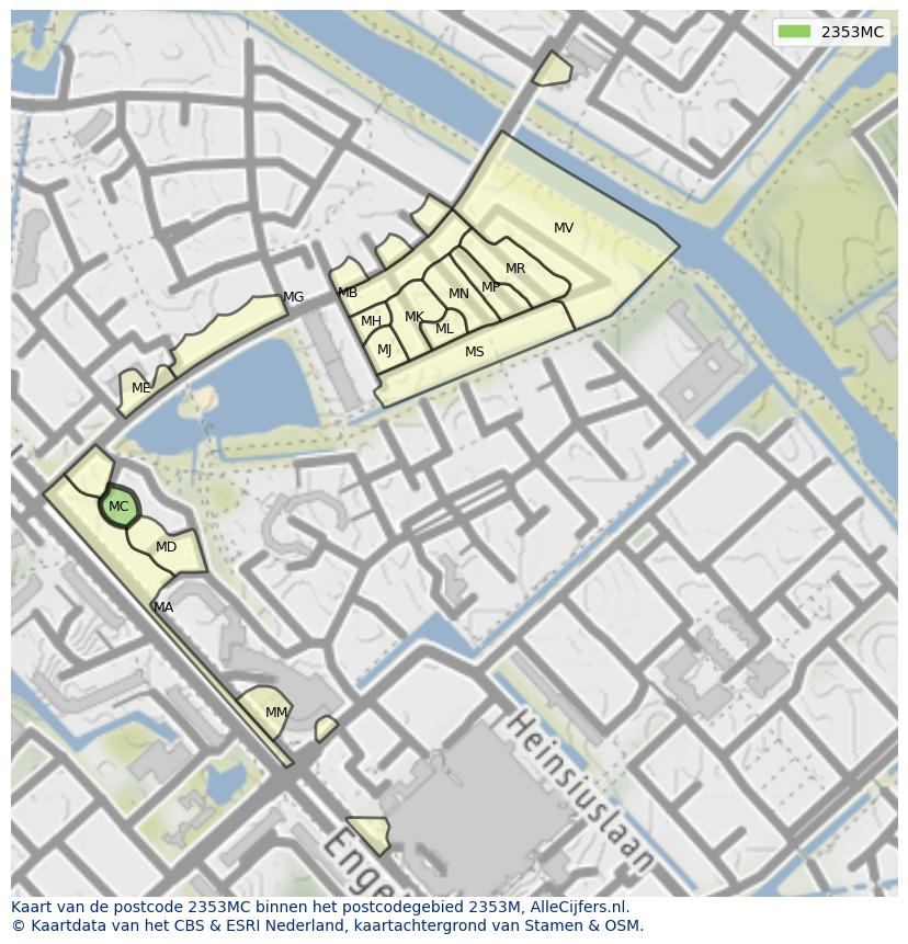Afbeelding van het postcodegebied 2353 MC op de kaart.