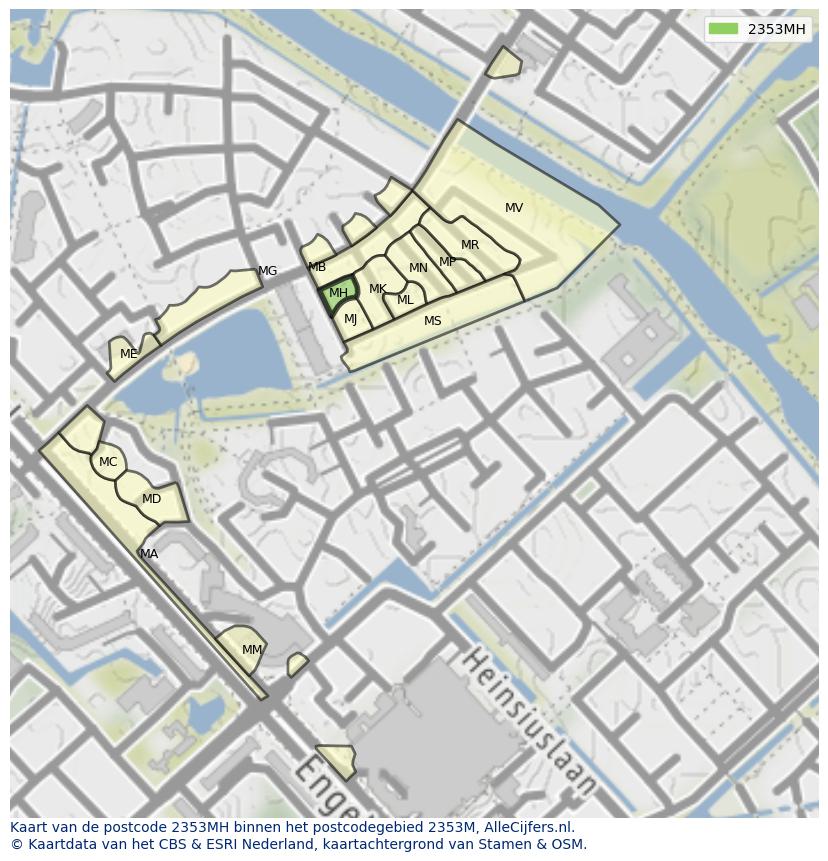 Afbeelding van het postcodegebied 2353 MH op de kaart.