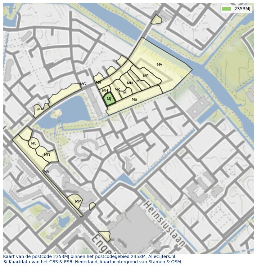 Afbeelding van het postcodegebied 2353 MJ op de kaart.