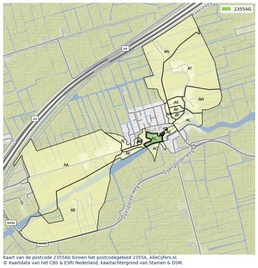 Afbeelding van het postcodegebied 2355 AG op de kaart.