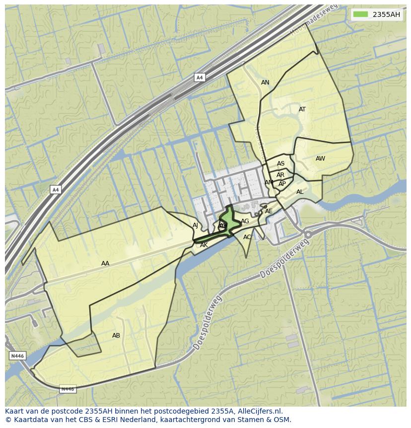 Afbeelding van het postcodegebied 2355 AH op de kaart.