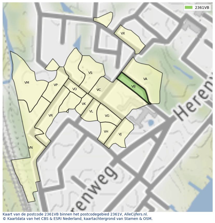 Afbeelding van het postcodegebied 2361 VB op de kaart.